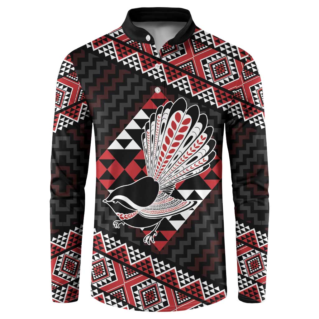 Taniko Aotearoa Button Sweatshirt Poutama Mix Piwakawaka LT7 Red - Polynesian Pride