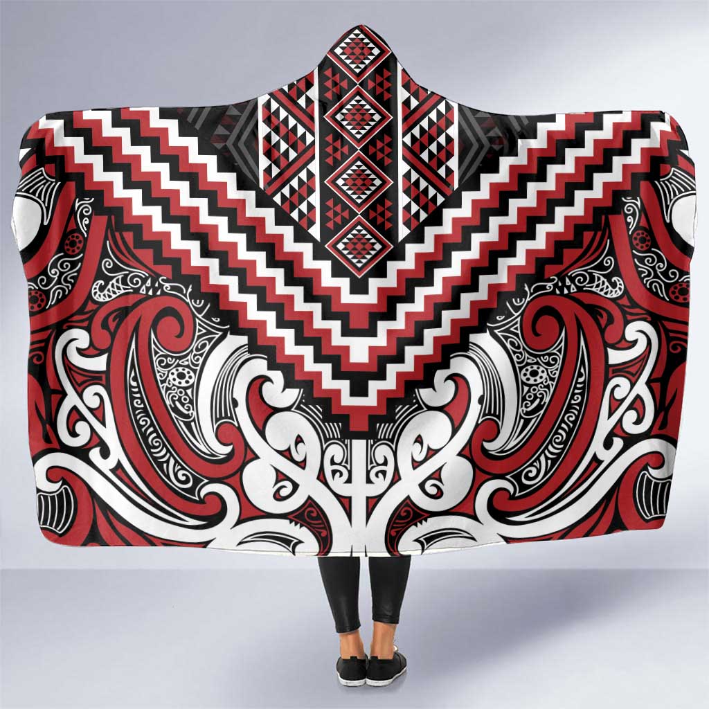 Maori Tukutuku Taniko Motifs Hooded Blanket Red Poutama Mix Kowhaiwhai LT7 One Size Red - Polynesian Pride
