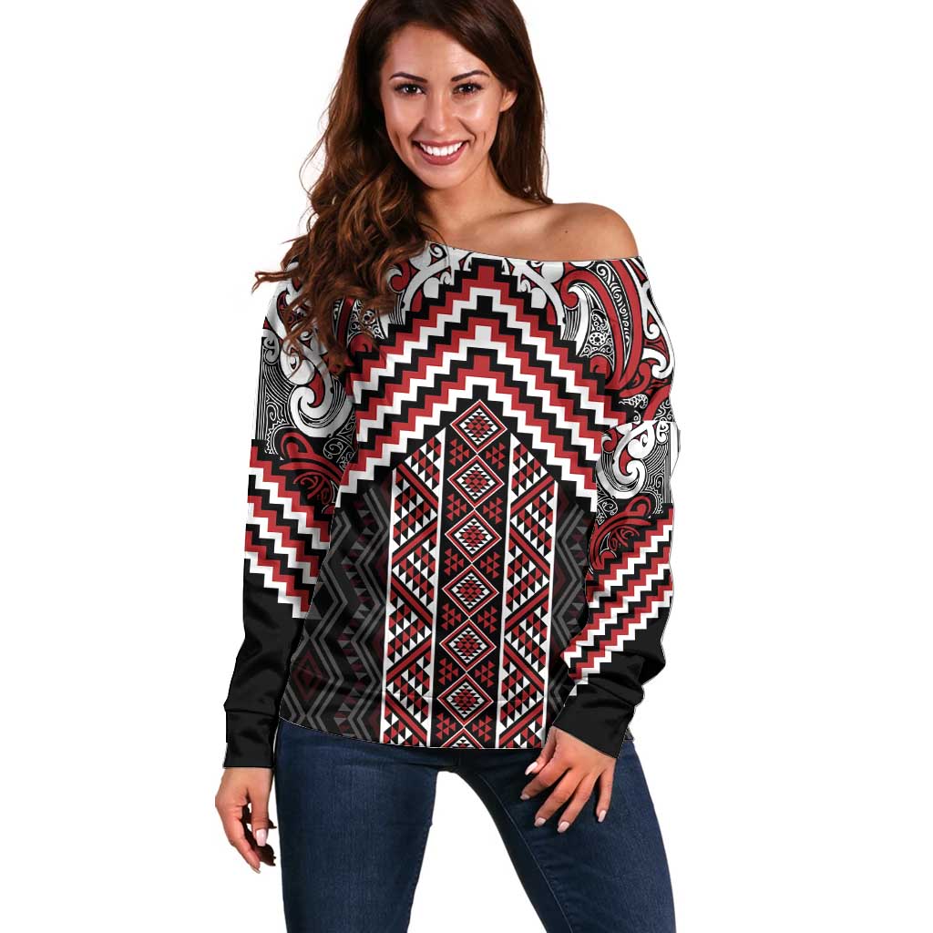 Maori Tukutuku Taniko Motifs Off Shoulder Sweater Red Poutama Mix Kowhaiwhai LT7 Women Red - Polynesian Pride
