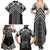 Maori Tukutuku Taniko Motifs Family Matching Summer Maxi Dress and Hawaiian Shirt Black Poutama Mix Kowhaiwhai