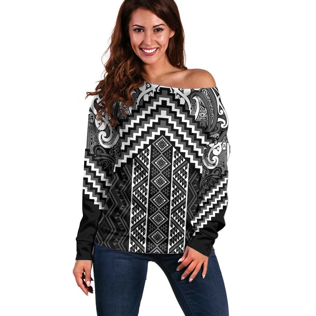 Maori Tukutuku Taniko Motifs Off Shoulder Sweater Black Poutama Mix Kowhaiwhai LT7 Women Black - Polynesian Pride