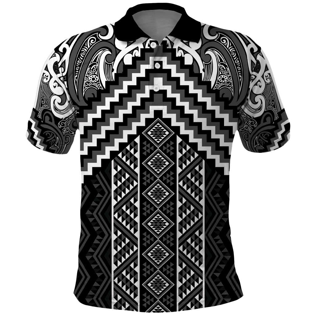 Maori Tukutuku Taniko Motifs Polo Shirt Black Poutama Mix Kowhaiwhai LT7 Black - Polynesian Pride