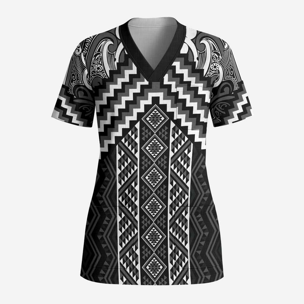 Maori Tukutuku Taniko Motifs Scrub Top Black Poutama Mix Kowhaiwhai LT7 Adult Black - Polynesian Pride
