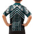 Maori Tukutuku Taniko Motifs Family Matching Off Shoulder Short Dress and Hawaiian Shirt Teal Poutama Mix Kowhaiwhai