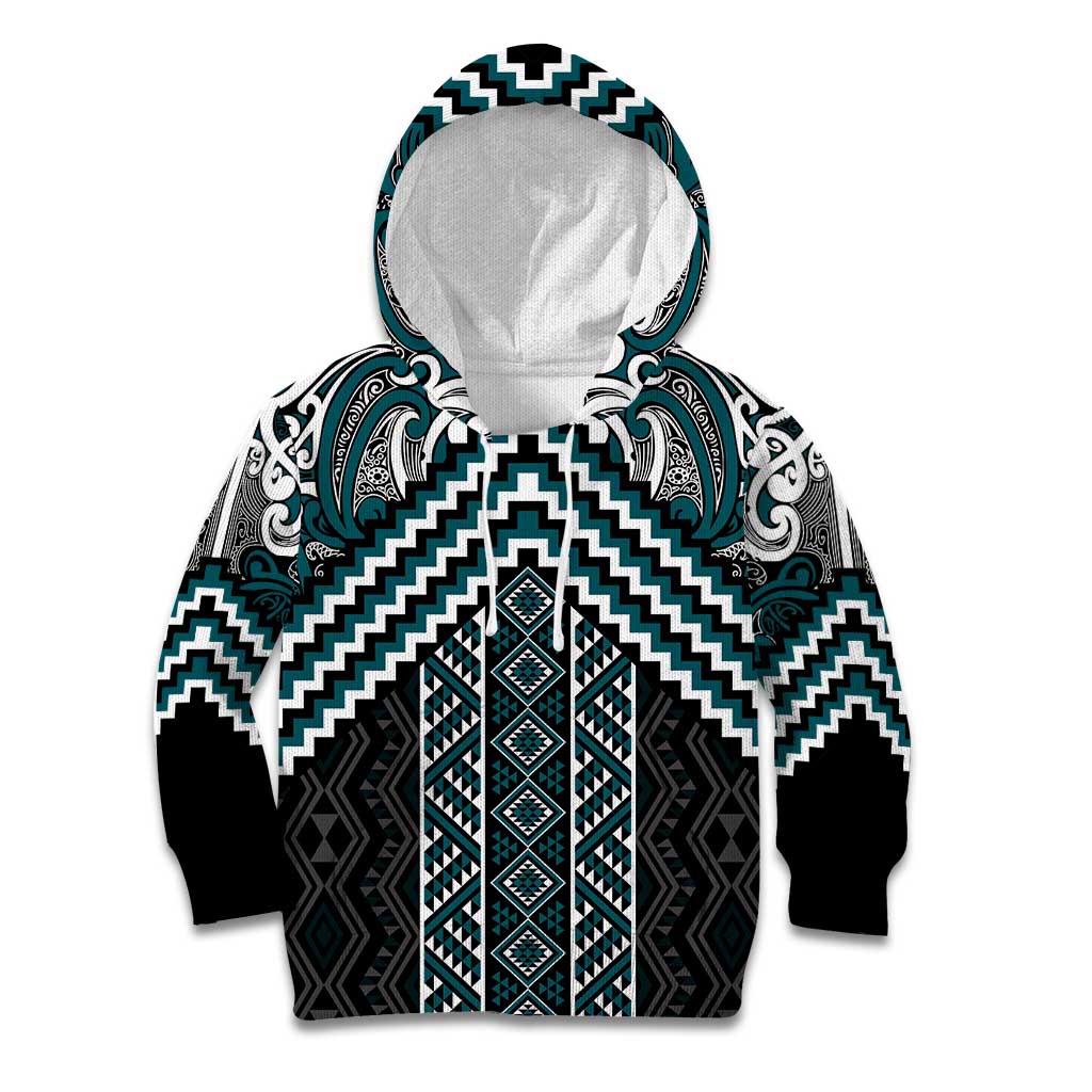 Maori Tukutuku Taniko Motifs Kid Hoodie Teal Poutama Mix Kowhaiwhai LT7 Hoodie Teal - Polynesian Pride