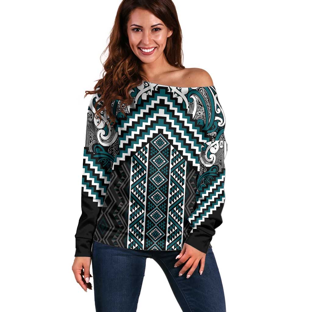 Maori Tukutuku Taniko Motifs Off Shoulder Sweater Teal Poutama Mix Kowhaiwhai LT7 Women Teal - Polynesian Pride