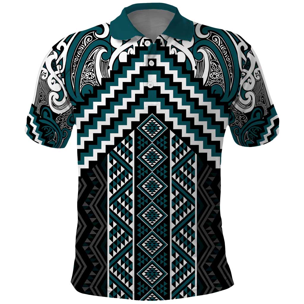 Maori Tukutuku Taniko Motifs Polo Shirt Teal Poutama Mix Kowhaiwhai LT7 Teal - Polynesian Pride