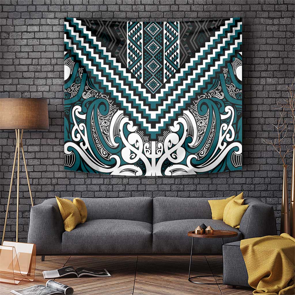 Maori Tukutuku Taniko Motifs Tapestry Teal Poutama Mix Kowhaiwhai LT7 Teal - Polynesian Pride