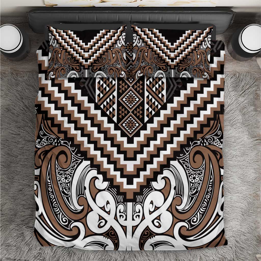 Maori Tukutuku Taniko Motifs Bedding Set Brown Poutama Mix Kowhaiwhai LT7 Brown - Polynesian Pride