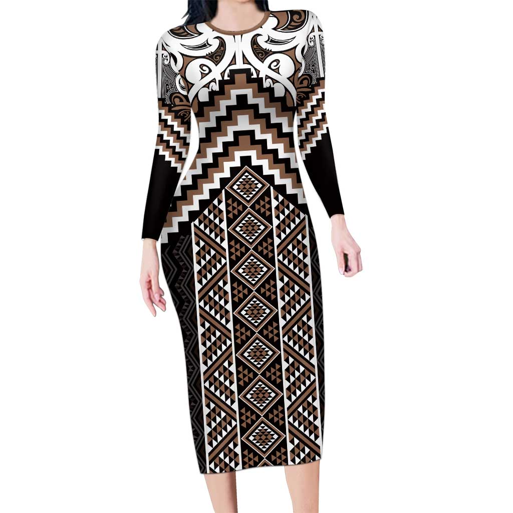 Maori Tukutuku Taniko Motifs Long Sleeve Bodycon Dress Brown Poutama Mix Kowhaiwhai LT7 Long Dress Brown - Polynesian Pride