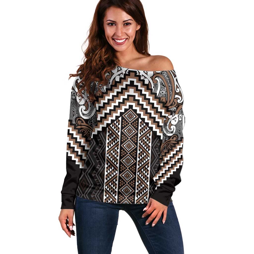 Maori Tukutuku Taniko Motifs Off Shoulder Sweater Brown Poutama Mix Kowhaiwhai LT7 Women Brown - Polynesian Pride