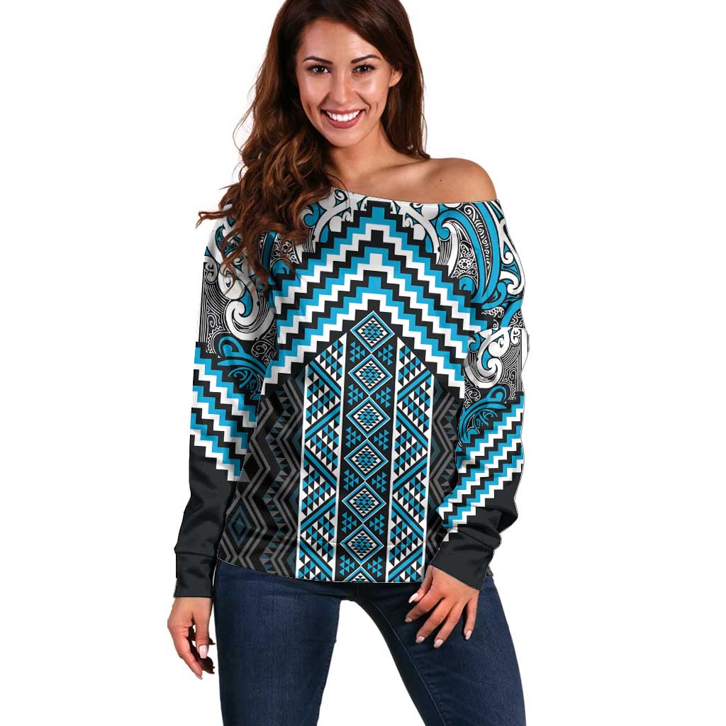 Maori Tukutuku Taniko Motifs Off Shoulder Sweater Turquoise Poutama Mix Kowhaiwhai LT7 Women Turquoise - Polynesian Pride