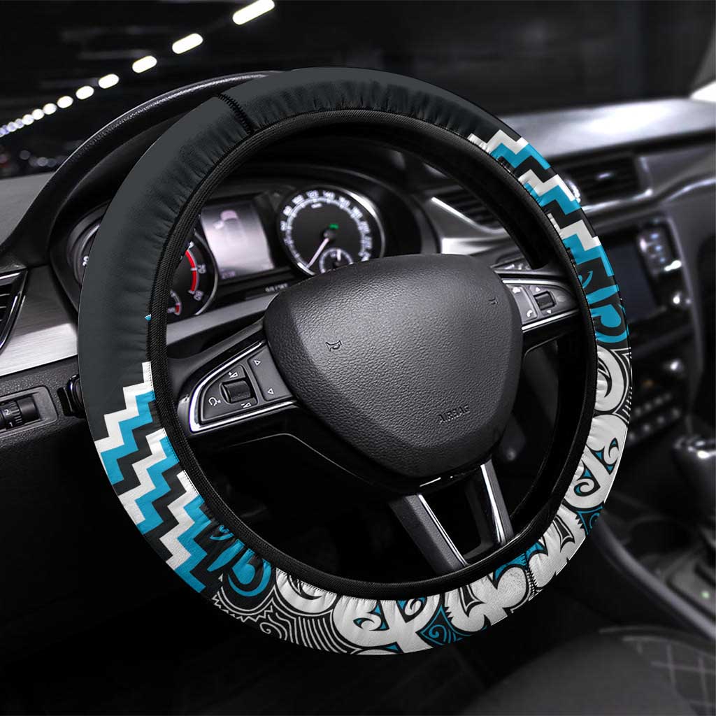 Maori Tukutuku Taniko Motifs Steering Wheel Cover Turquoise Poutama Mix Kowhaiwhai