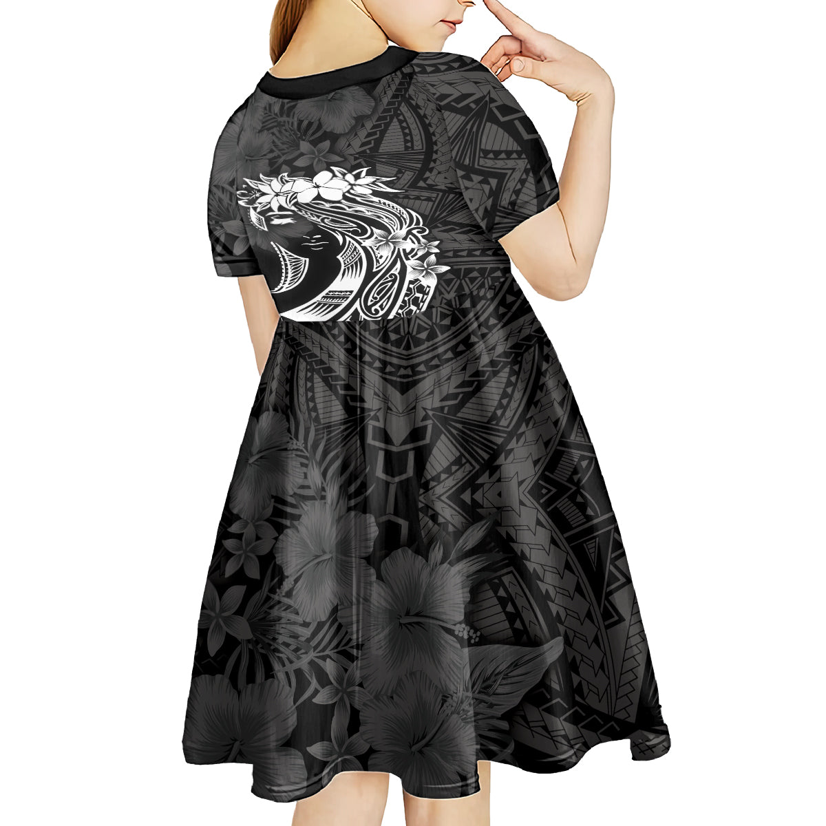 Polynesian Women's Day Kid Short Sleeve Dress Plumeria Passion - Black LT7 - Polynesian Pride