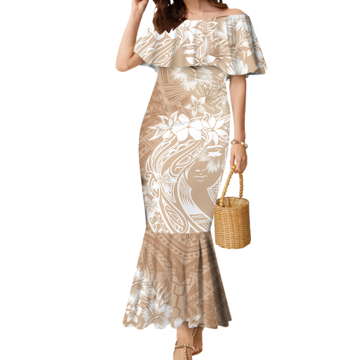 Polynesian Women's Day Mermaid Dress Plumeria Passion - Beige LT7 Women Beige - Polynesian Pride