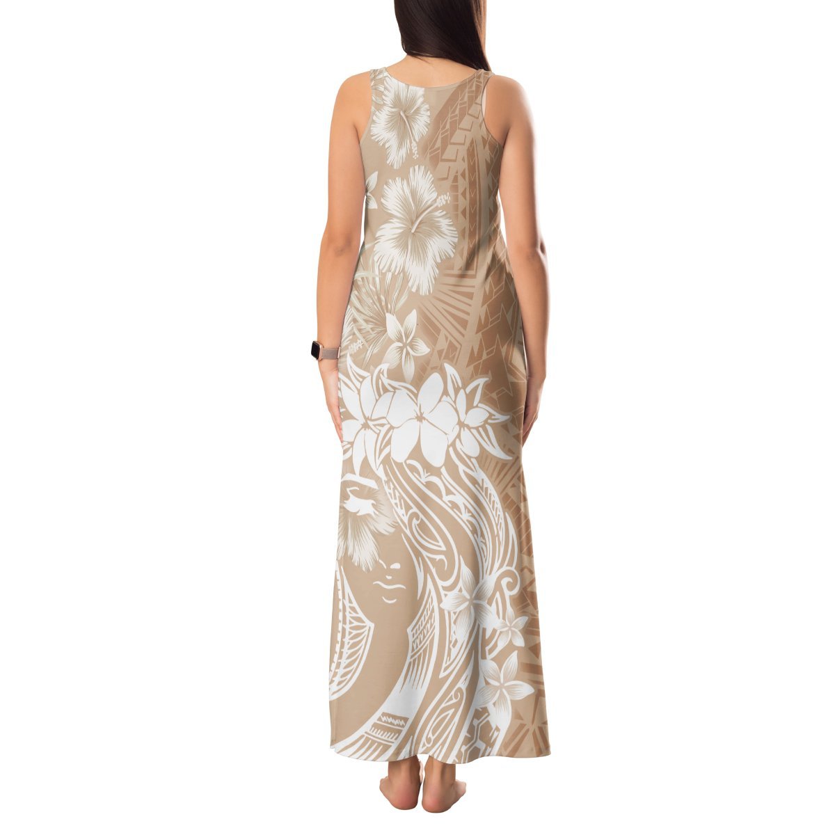 Polynesian Women's Day Tank Maxi Dress Plumeria Passion - Beige LT7 - Polynesian Pride