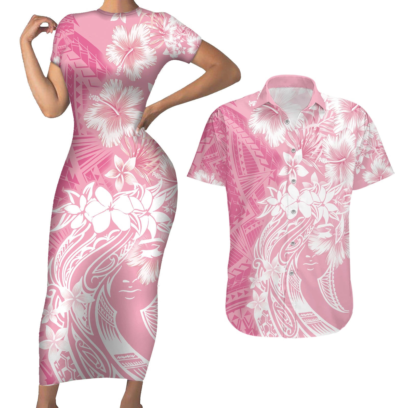 Polynesian Women's Day Couples Matching Short Sleeve Bodycon Dress and Hawaiian Shirt Plumeria Passion - Pink LT7 Pink - Polynesian Pride