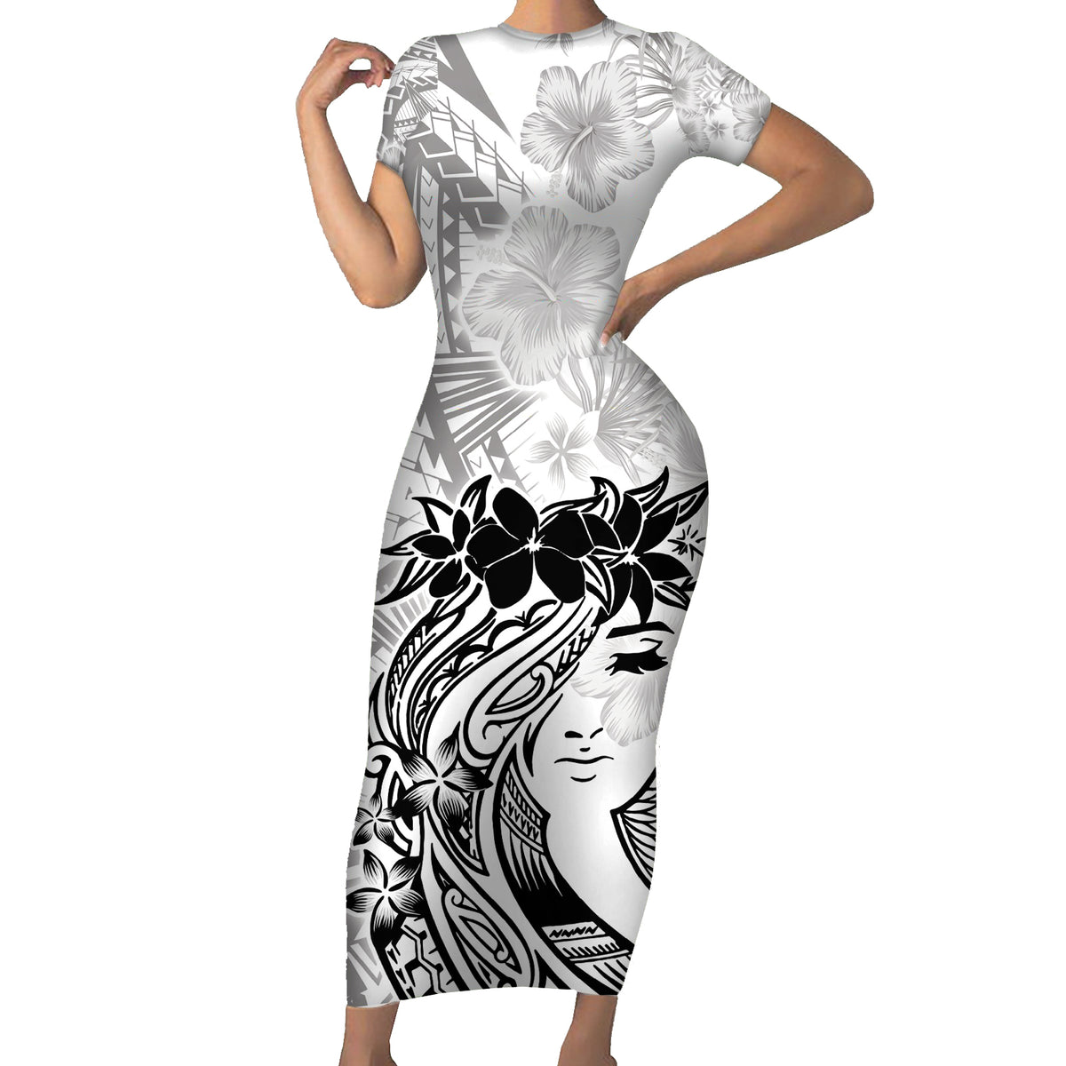 Polynesian Women's Day Short Sleeve Bodycon Dress Plumeria Passion - White LT7 Long Dress White - Polynesian Pride