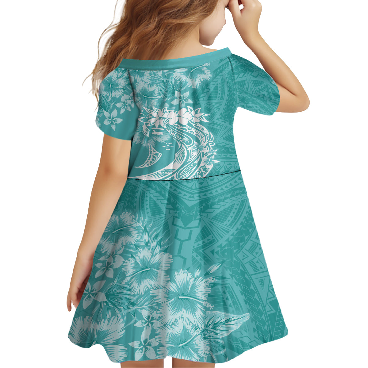 Polynesian Women's Day Kid Short Sleeve Dress Plumeria Passion - Teal LT7 - Polynesian Pride