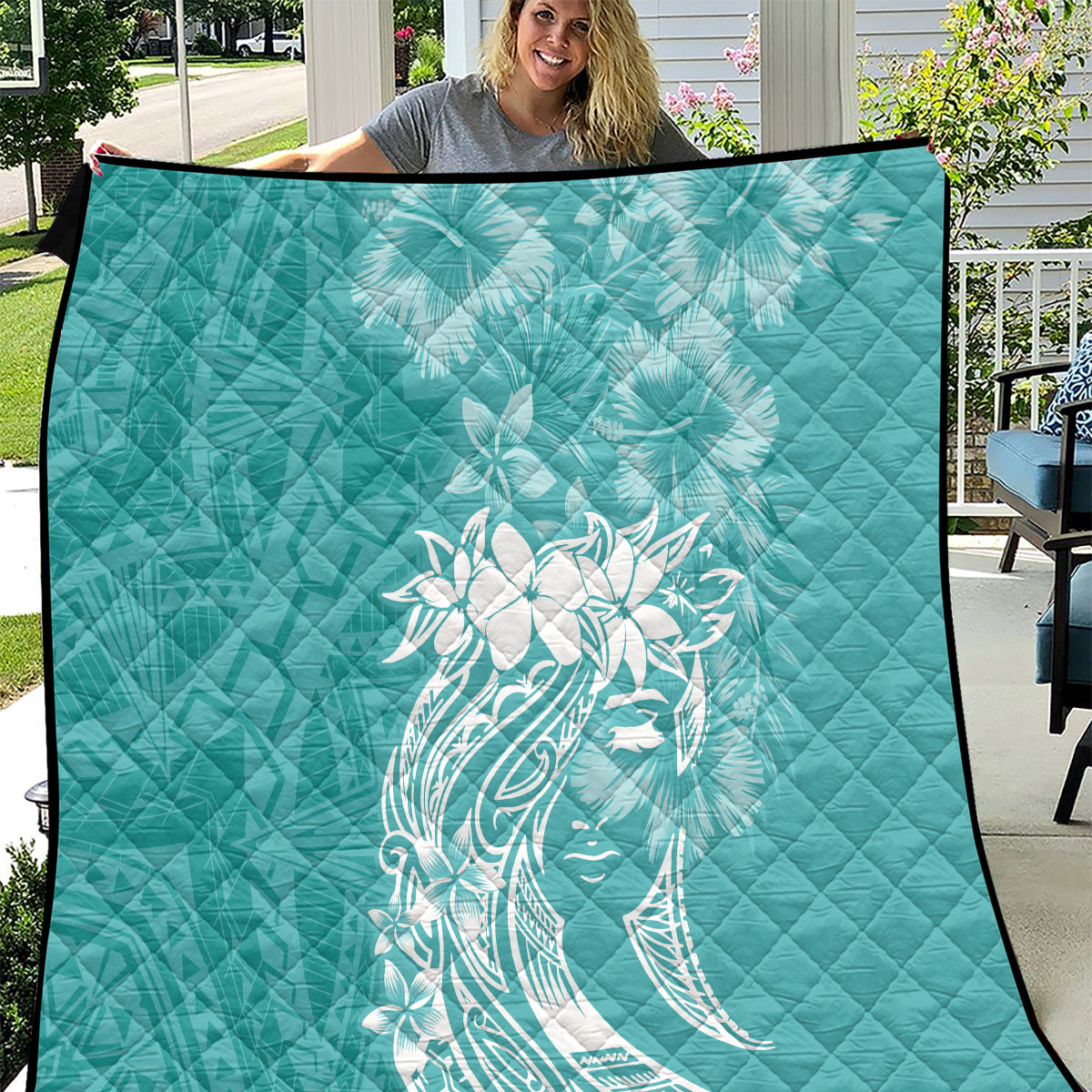 Polynesian Women's Day Quilt Plumeria Passion - Teal LT7 Teal - Polynesian Pride