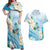 Guam Chamorro Guasali Flowers Couples Matching Off Shoulder Maxi Dress and Hawaiian Shirt Aqua Gradient