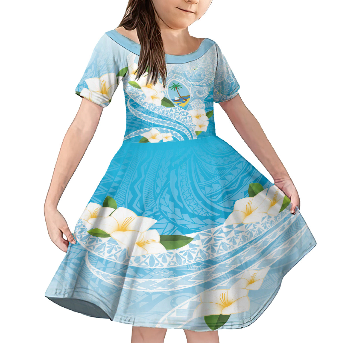 Guam Chamorro Guasali Flowers Kid Short Sleeve Dress Aqua Gradient LT7 KID Aquamarine - Polynesian Pride