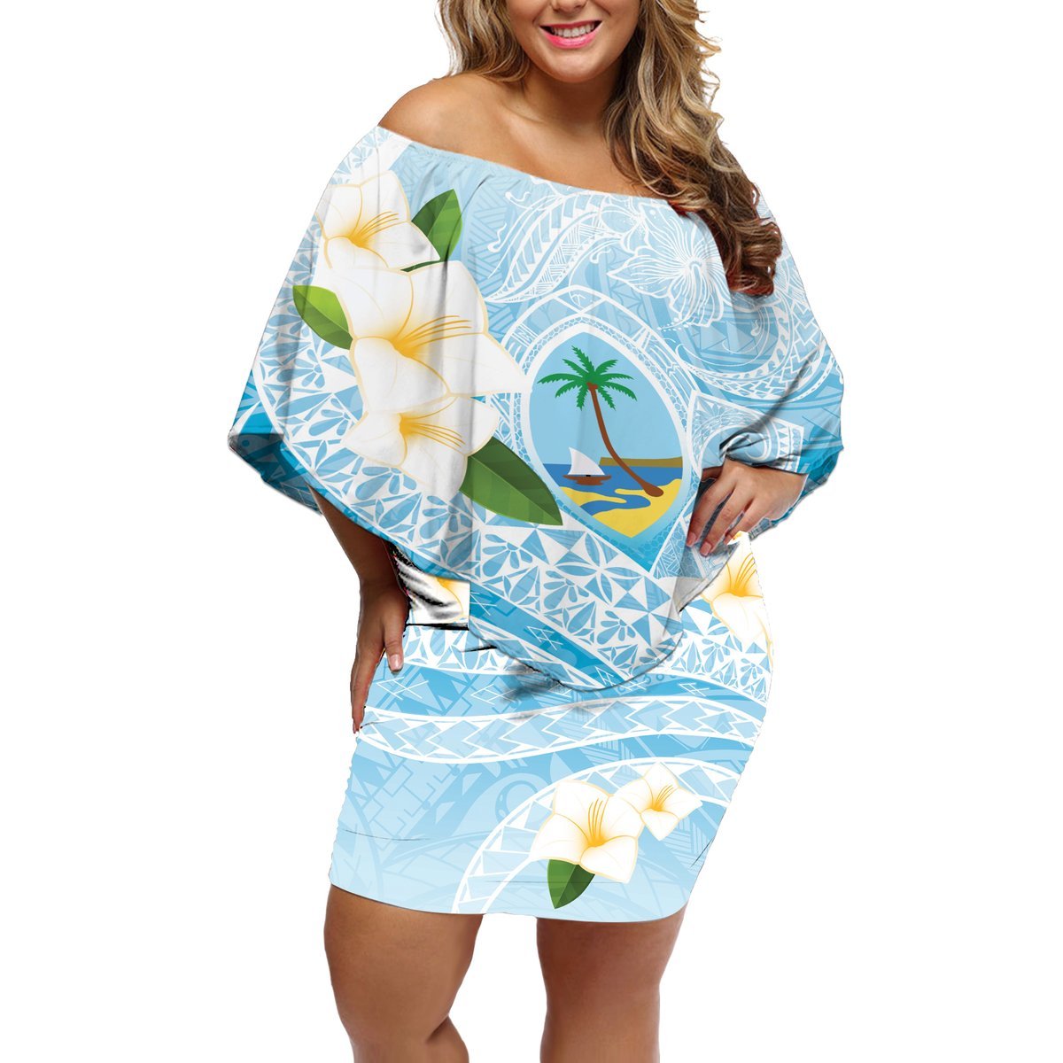 Guam Chamorro Guasali Flowers Off Shoulder Short Dress Aqua Gradient LT7 Women Aquamarine - Polynesian Pride