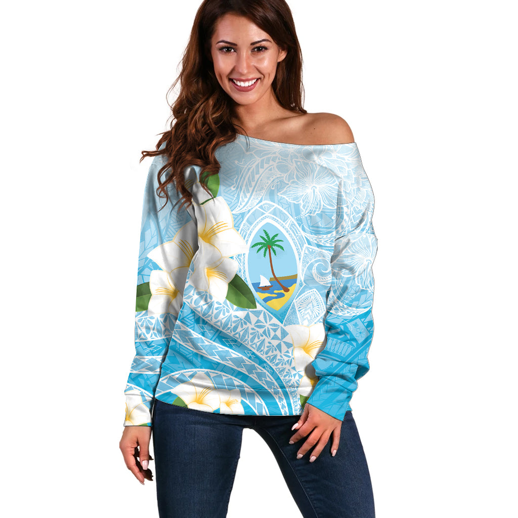 Guam Chamorro Guasali Flowers Off Shoulder Sweater Aqua Gradient LT7 Women Aquamarine - Polynesian Pride