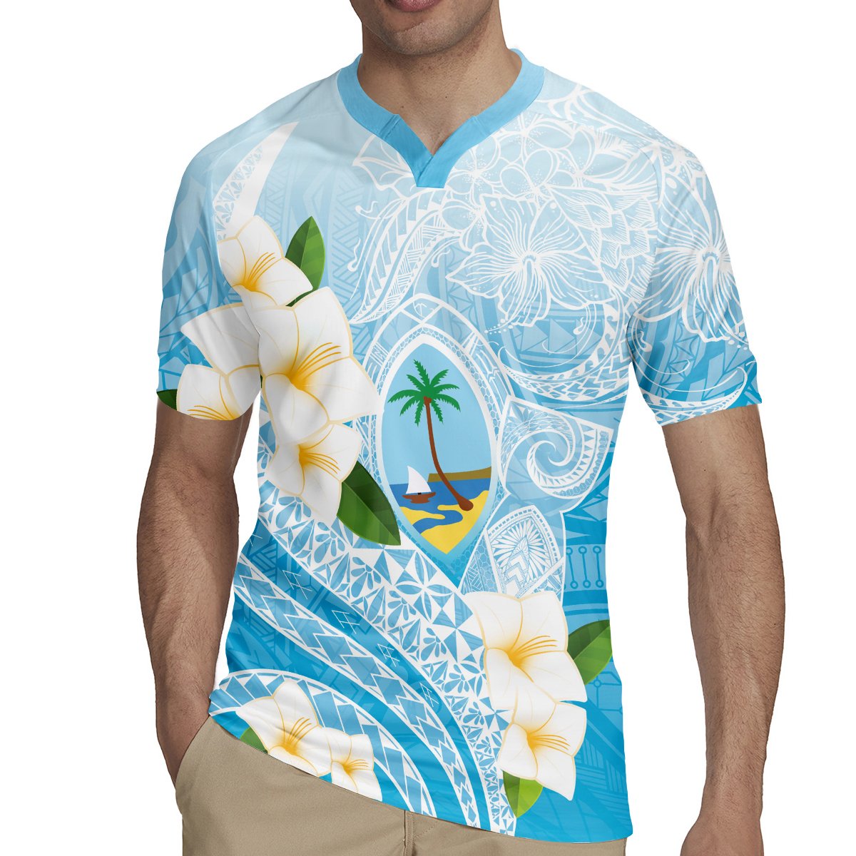 Guam Chamorro Guasali Flowers Rugby Jersey Aqua Gradient LT7 - Polynesian Pride