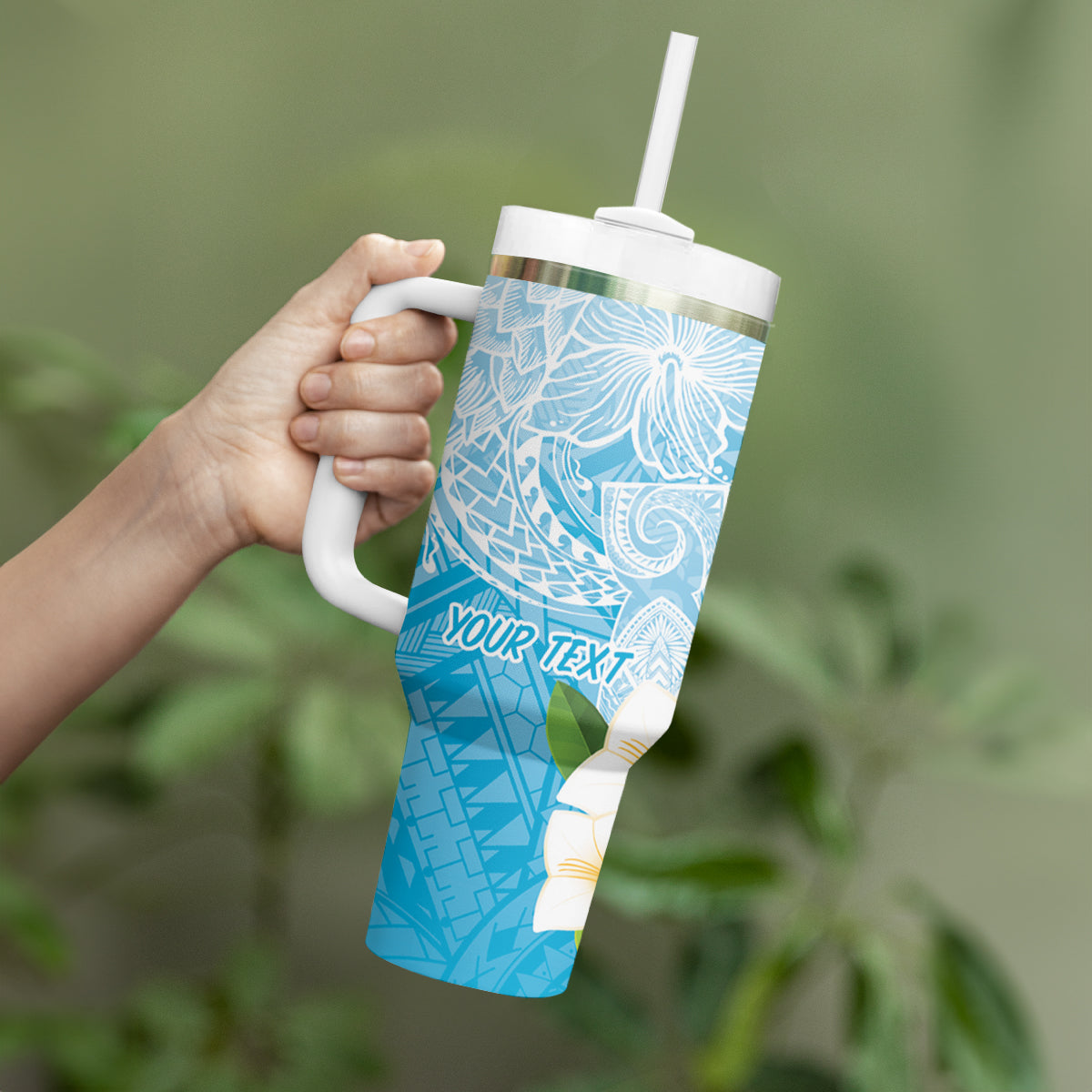 Guam Chamorro Guasali Flowers Tumbler With Handle Aqua Gradient LT7 - Polynesian Pride