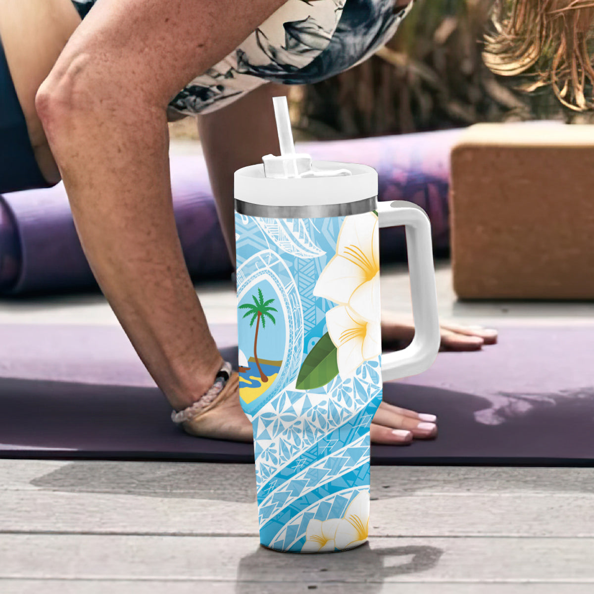 Guam Chamorro Guasali Flowers Tumbler With Handle Aqua Gradient LT7 - Polynesian Pride