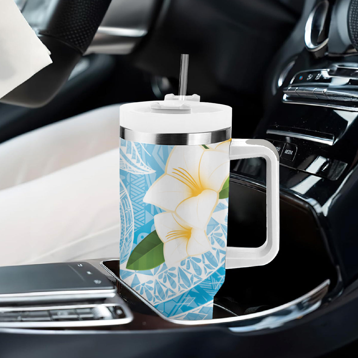 Guam Chamorro Guasali Flowers Tumbler With Handle Aqua Gradient LT7 - Polynesian Pride