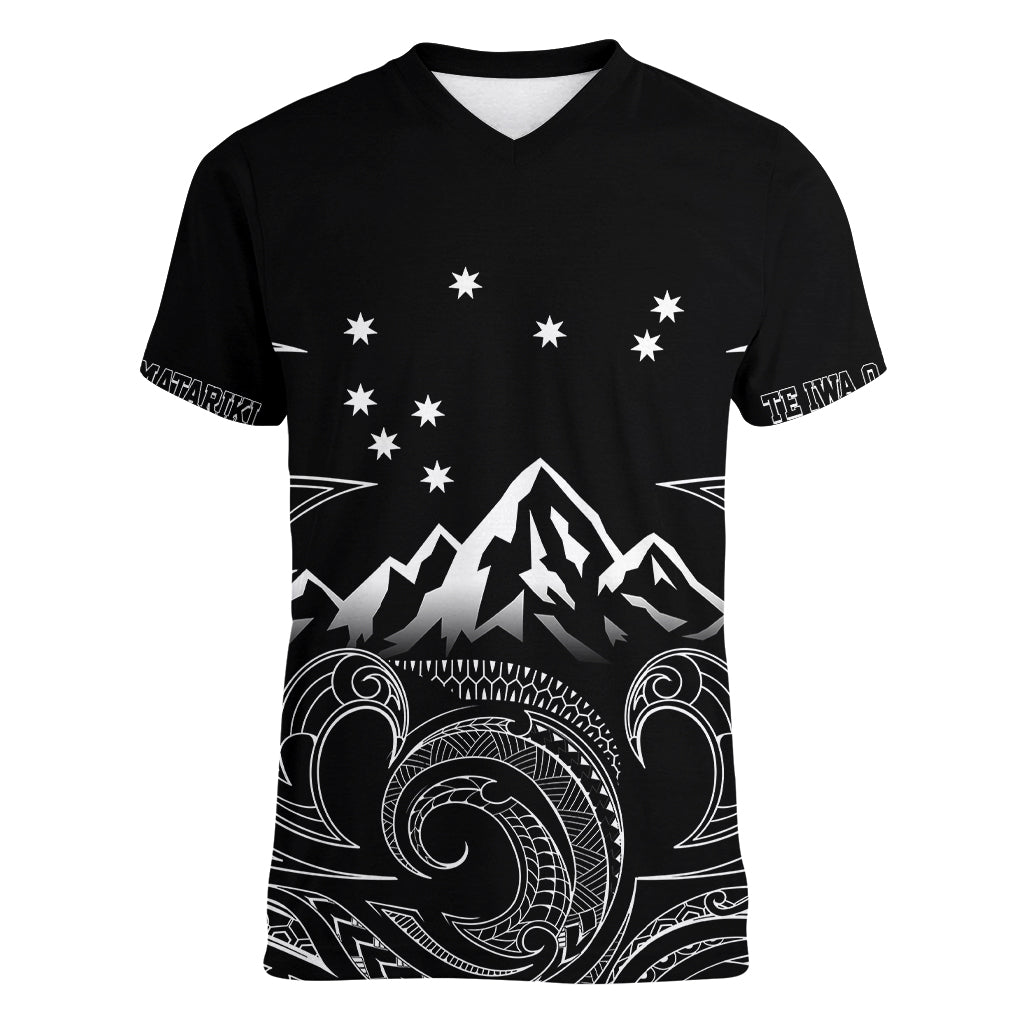 New Zealand Women V Neck T Shirt Maori Te Iwa o Matariki LT7 Female Black - Polynesian Pride