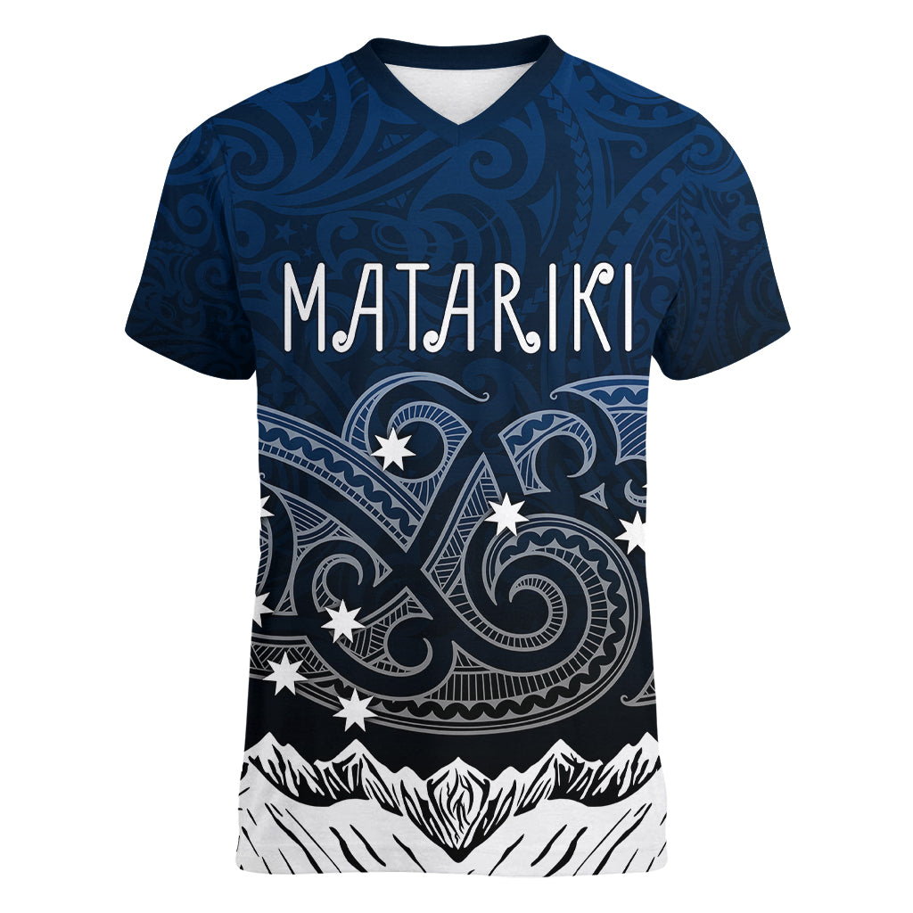 Personalised New Zealand Women V Neck T Shirt Matariki Maori Patterns - Gradient LT7 Female Black - Polynesian Pride