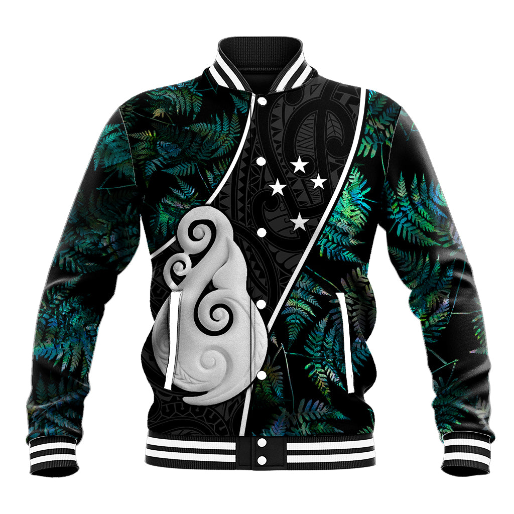 Personalised New Zealand Baseball Jacket Paua Shell Maori Manaia with Silver Ferns LT7 Unisex Art - Polynesian Pride