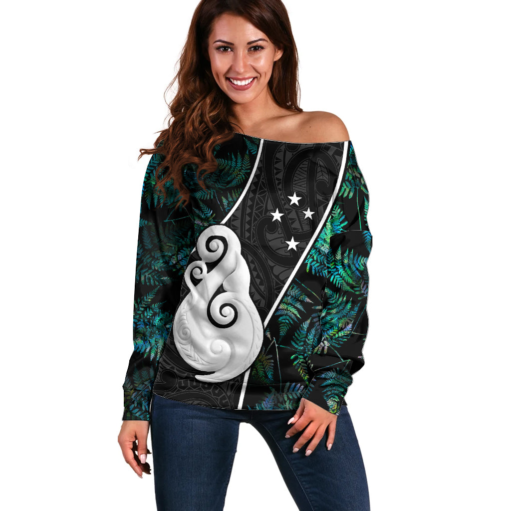 Personalised New Zealand Off Shoulder Sweater Paua Shell Maori Manaia with Silver Ferns LT7 Women Art - Polynesian Pride