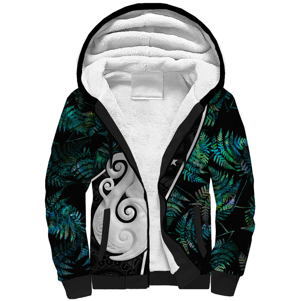 Personalised New Zealand Sherpa Hoodie Paua Shell Maori Manaia with Silver Ferns LT7 Unisex Art - Polynesian Pride