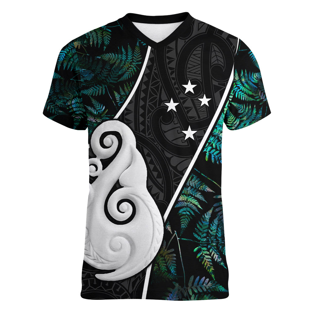 Personalised New Zealand Women V Neck T Shirt Paua Shell Maori Manaia with Silver Ferns LT7 Female Art - Polynesian Pride