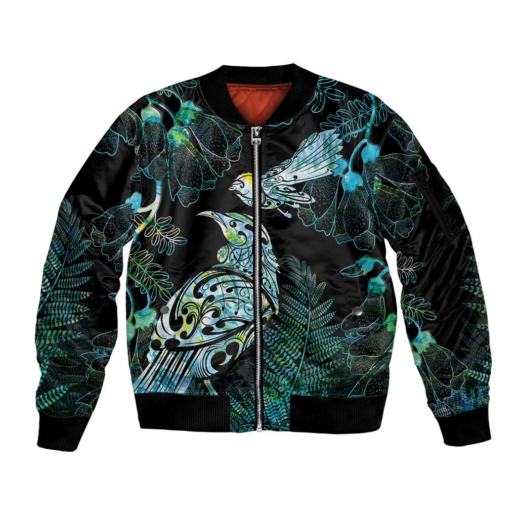 Aotearoa Maori Mahuru Sleeve Zip Bomber Jacket Spring Time - Paua Shell Green LT7 Unisex Black - Polynesian Pride