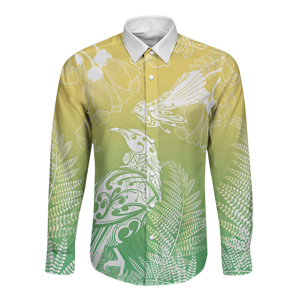 Aotearoa Maori Mahuru Tui With Pikawakawa Long Sleeve Button Shirt Spring Time LT7 Unisex Green - Polynesian Pride
