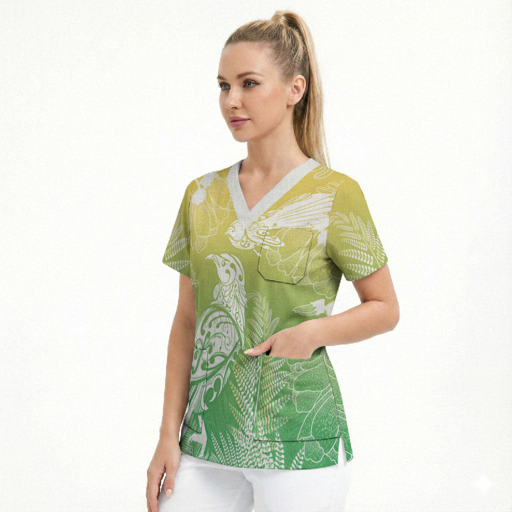 Aotearoa Maori Mahuru Tui With Pikawakawa Scrub Top Spring Time LT7 - Polynesian Pride