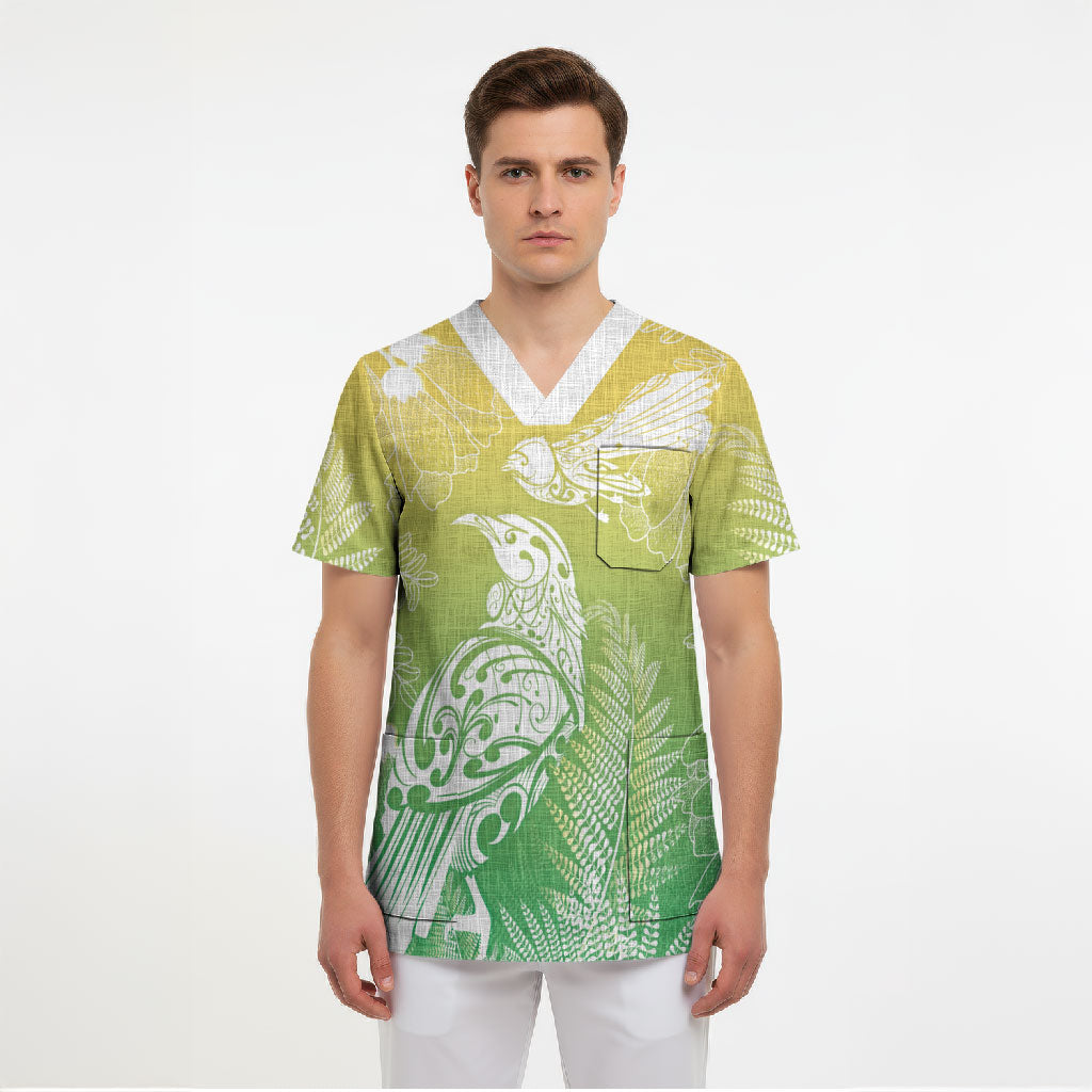 Aotearoa Maori Mahuru Tui With Pikawakawa Scrub Top Spring Time LT7 - Polynesian Pride