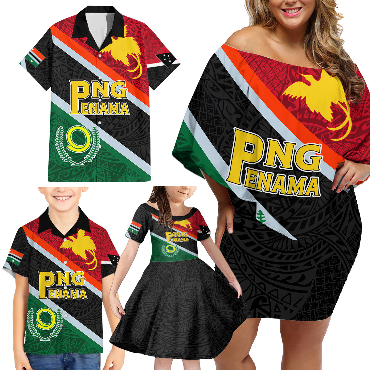 personalised-penama-and-papua-new-guinea-day-family-matching-off-shoulder-short-dress-and-hawaiian-shirt-emblem-mix-style