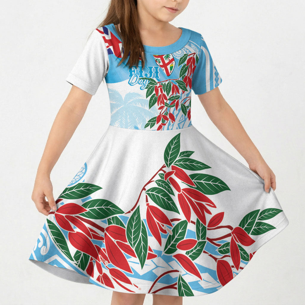 Bula Fiji Day Tagimaucia Palms Kid Short Sleeve Dress Toso Mai Viti LT7 KID Turquoise - Polynesian Pride