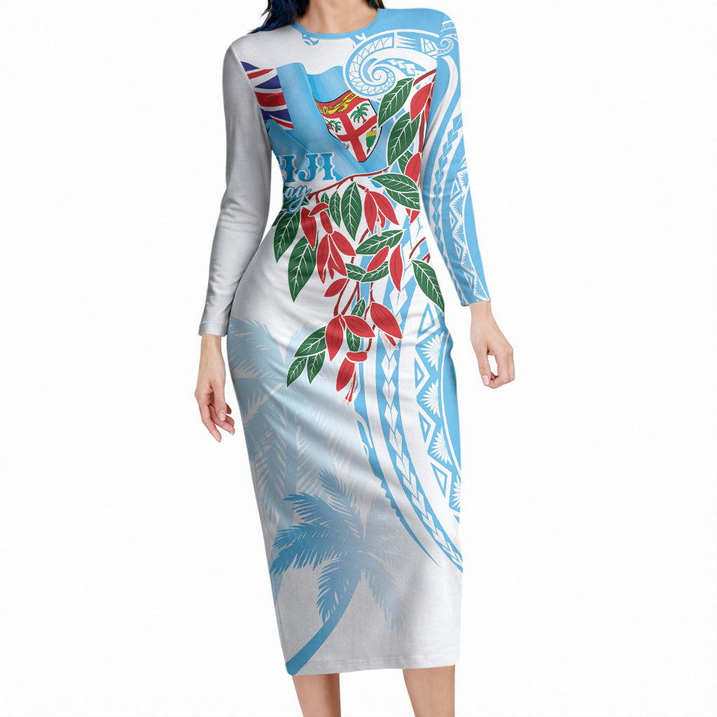 Bula Fiji Day Tagimaucia Palms Long Sleeve Bodycon Dress Toso Mai Viti LT7 Long Dress Turquoise - Polynesian Pride