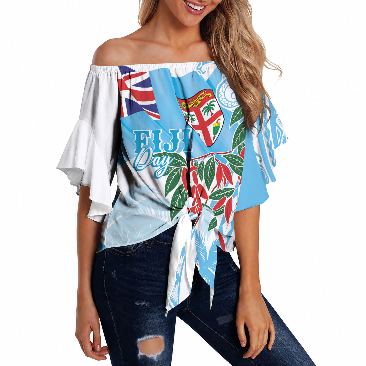 Bula Fiji Day Tagimaucia Palms Off Shoulder Wrap Waist Top Toso Mai Viti LT7 Turquoise - Polynesian Pride