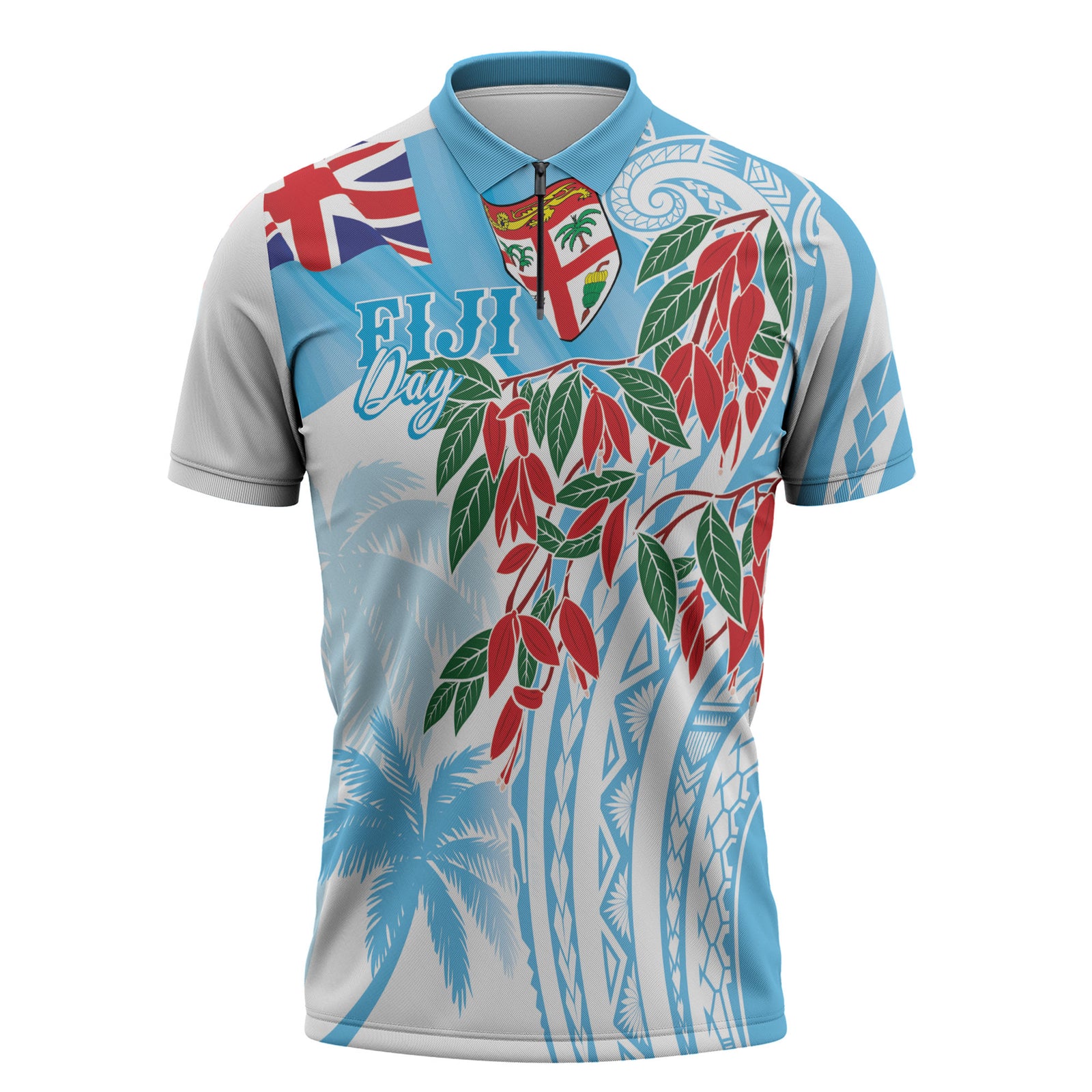 Bula Fiji Day Tagimaucia Palms Zipper Polo Shirt Toso Mai Viti LT7 Turquoise - Polynesian Pride