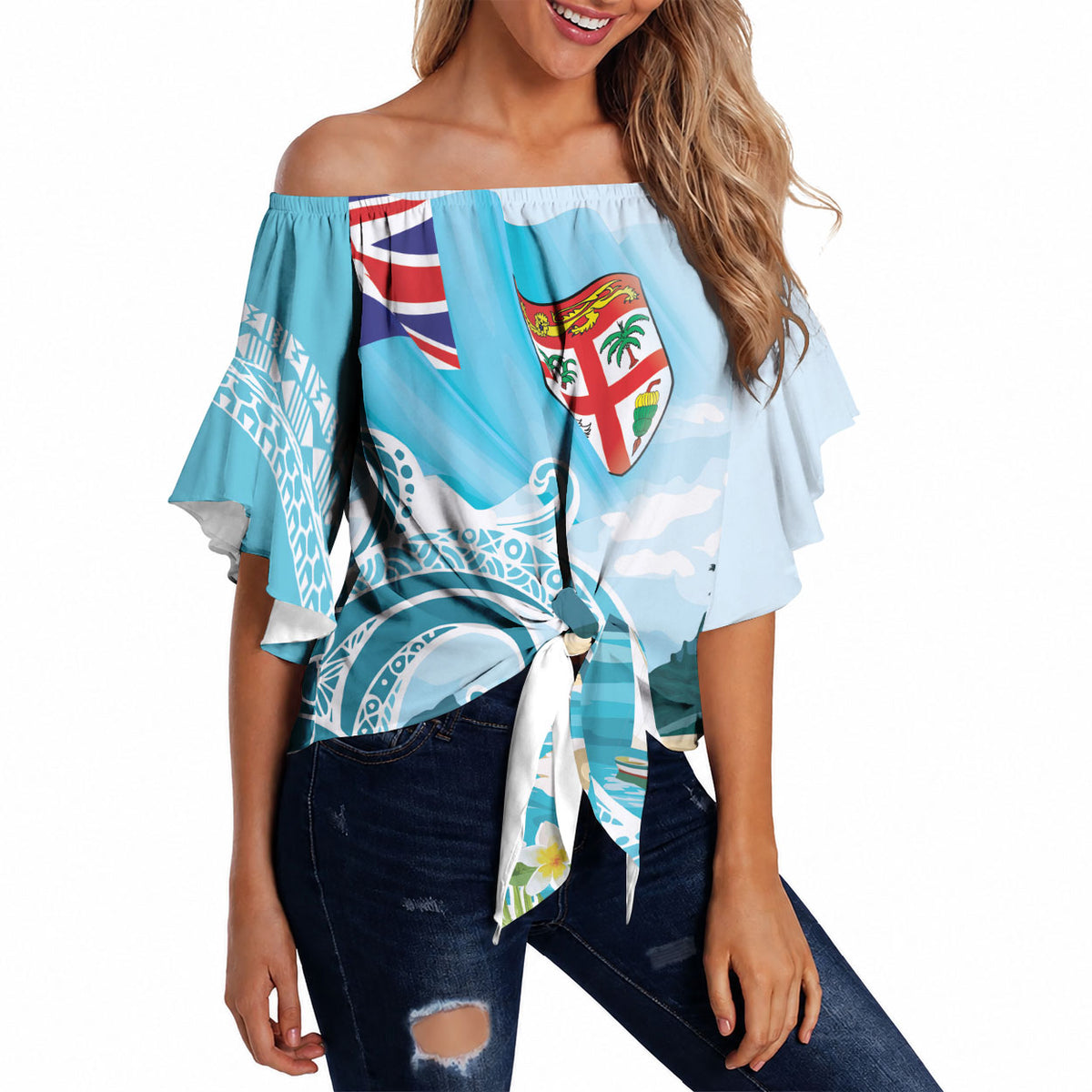 Bula Fiji Seascape Off Shoulder Wrap Waist Top Fiji Day - Islands Heritage LT7 Multicolor - Polynesian Pride