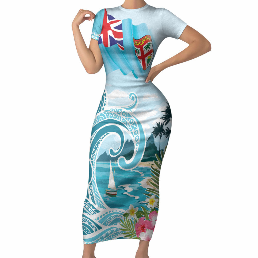 Bula Fiji Seascape Short Sleeve Bodycon Dress Fiji Day - Islands Heritage LT7 Long Dress Multicolor - Polynesian Pride