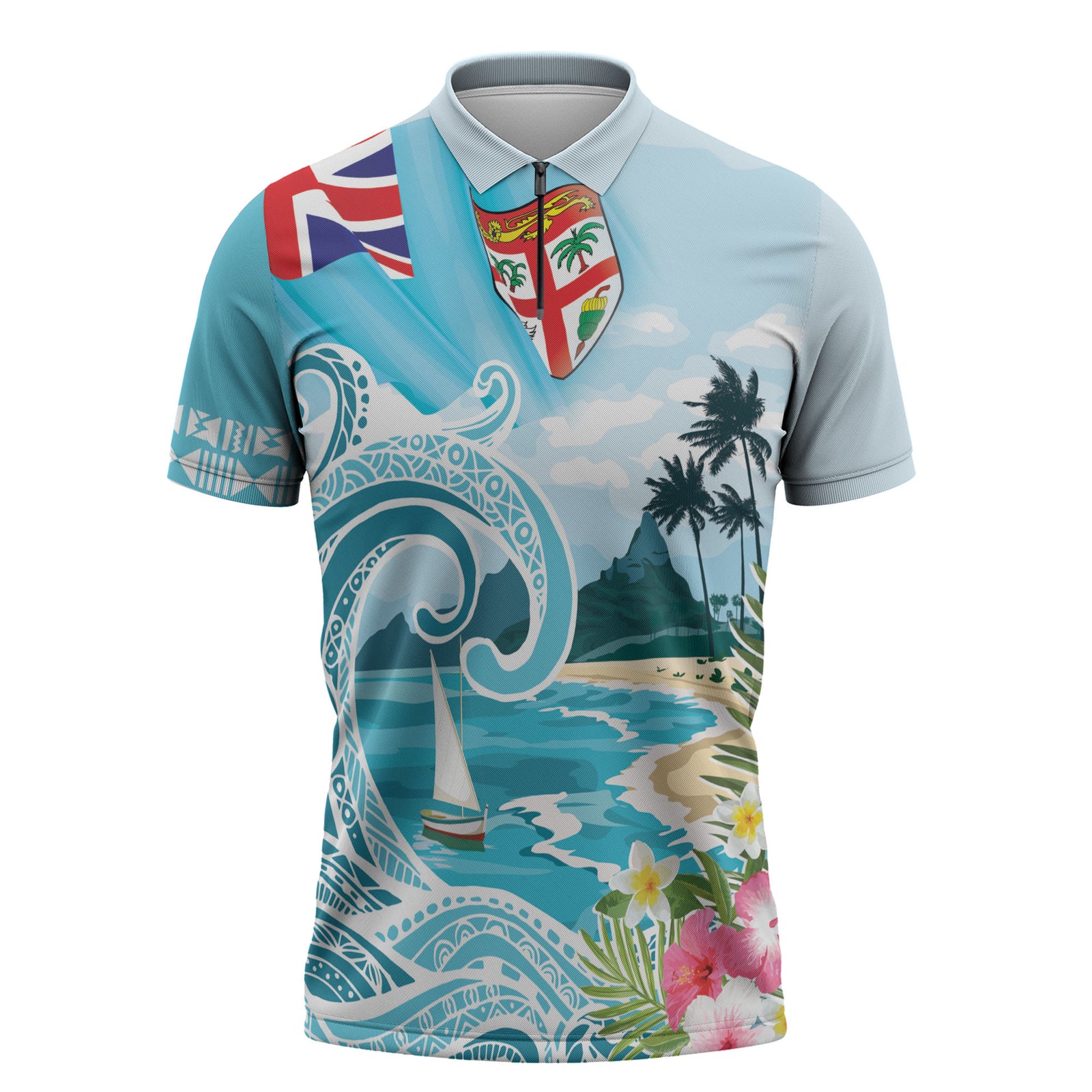 Bula Fiji Seascape Zipper Polo Shirt Fiji Day - Islands Heritage LT7 Multicolor - Polynesian Pride